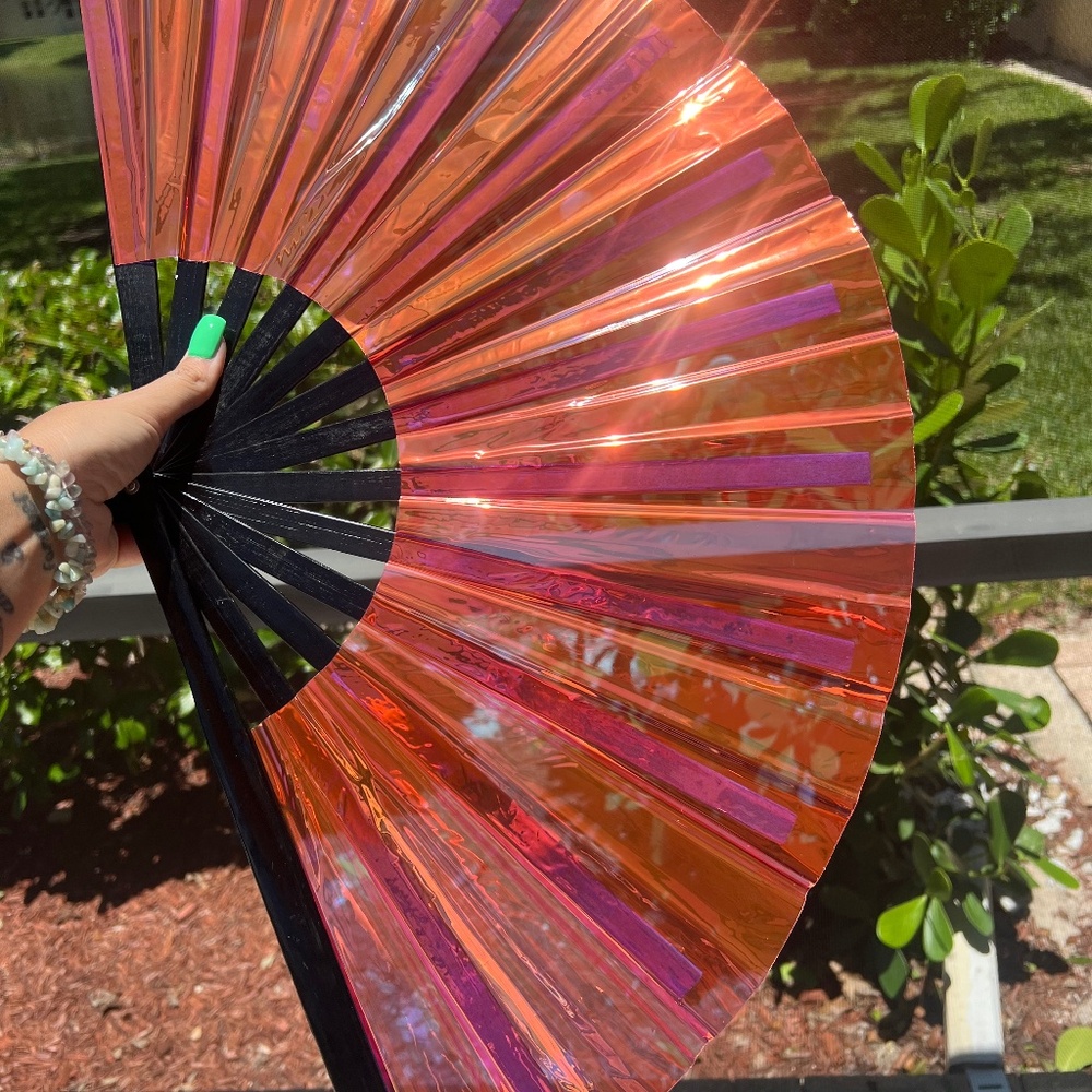 Pink Holographic Iridescent PVC Folding Bamboo Laser Hand Clack Fan Rave Edm